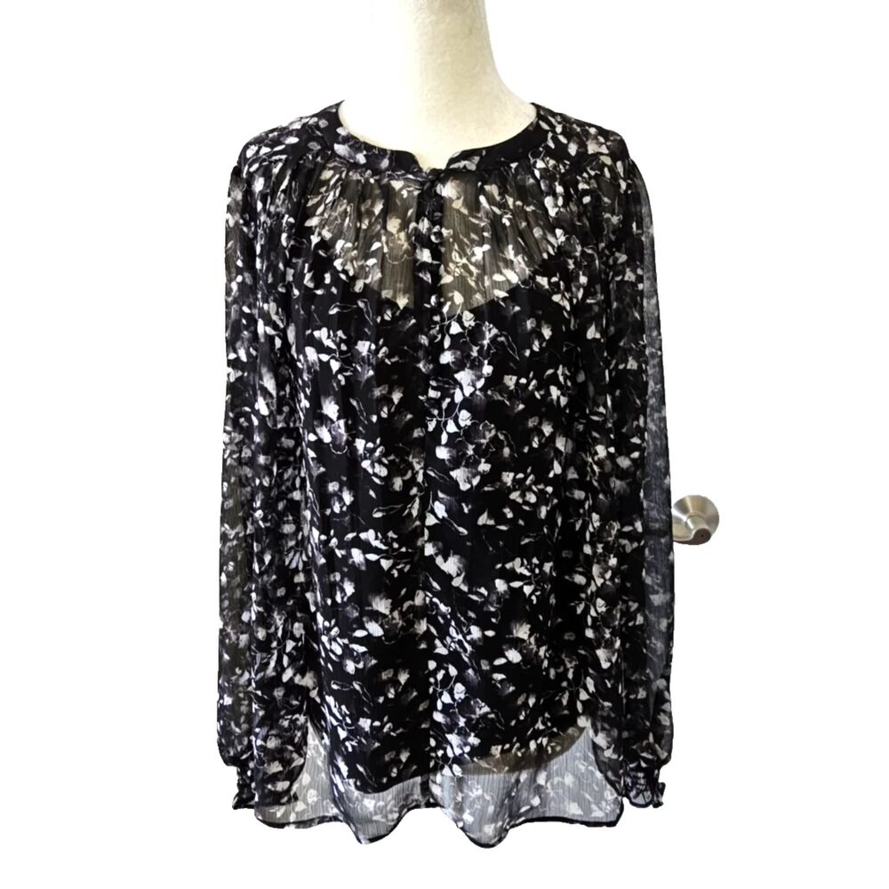 Simply Vera Wang Sheer Top Blouse Size M Black & White Floral w/ Layer Tank